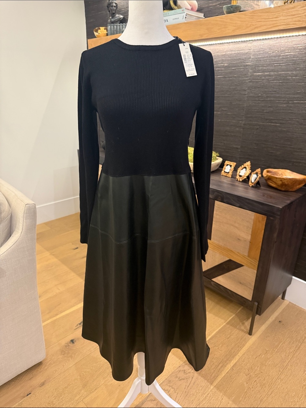 NWT Tahari Black Long-Sleeve Knit & Faux-Leather Fit-and-Flare Dress